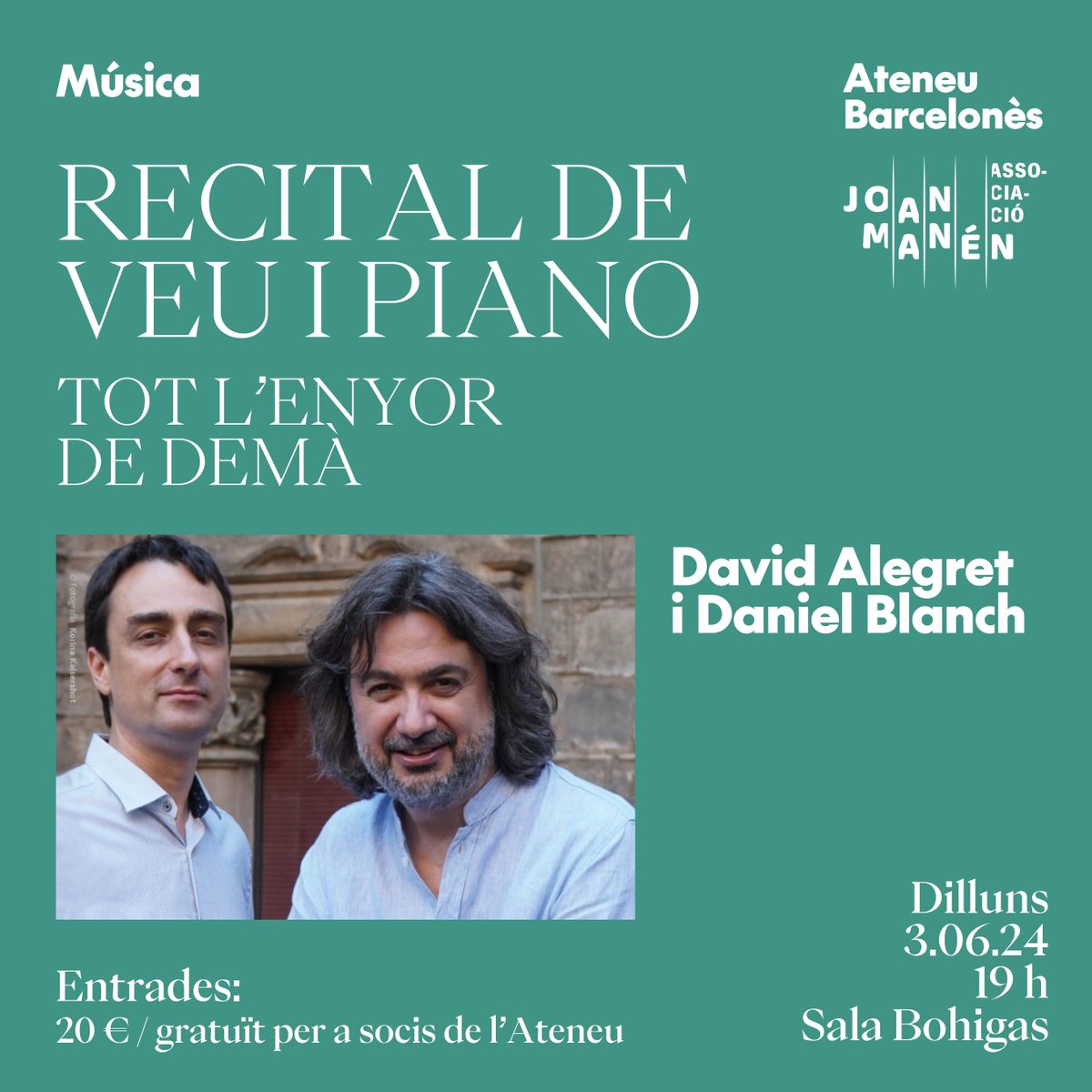 🎶 El piano de Daniel Blanch i la veu de David Alegret interpretaran peces de Ricard Lamote de Grignon 

✍️ Lamote de Grignon és un dels compositors més destacats de l’època noucentista

🎟️ Entrada gratuïta per a socis de l'Ateneu i de la <a href="/JoanManen/">Associació JoanManén</a>. No socis, 20 euros