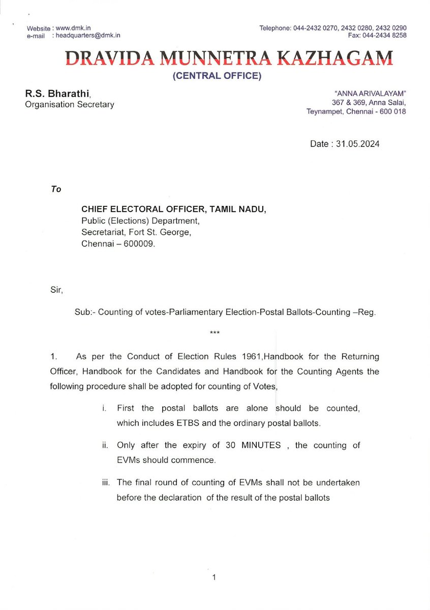 arvindgunasekar's tweet photo. DMK writes to ECI reiterating the procedure under the ‘Conduct of Election Rules, Handbook’ that votes through postal ballots alone should be counted in the first 30 minutes of the counting and only after the expiry of 30 minutes, votes through EVM should be counted.

DMK requests ECI to direct ROs to follow the said procedure as stated in the ‘Handbook’.

Also, result of postal ballots has to be declared before the start of final round of counting of EVM votes.