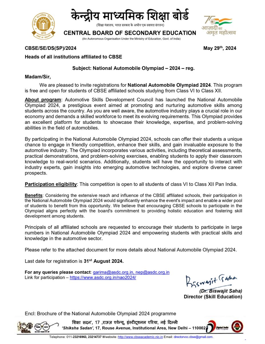 SkillsASDC's tweet image. We are pleased to announce that the CBSE has officially notified participation for the National Automobile Olympiad 2024 (NAO). The response has been outstanding, with 36 schools and over 80 students registered thus far. 

#CBSEOlympiad2024 #StudentSkills #Education #Innovation