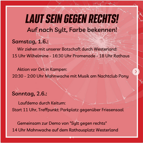 AfaNord's tweet photo. Blanker #Rassismus, Naziparolen, rassistischer Angriff auf eine 29-jährige auf #Sylt. @aktionsylt reagiert:
🏴1.6. 15:00 Wilhelmine - 16:30 Promenade - 18:00 Rathaus
🏴20:30 Kampen Mahnwache Nachtclub Pony
🏴2.6. 11:00 Keitum Parkplatz Friesensaal
#NoNazis #SyltEntern #NoAfD https://t.co/pGIzw0magh
