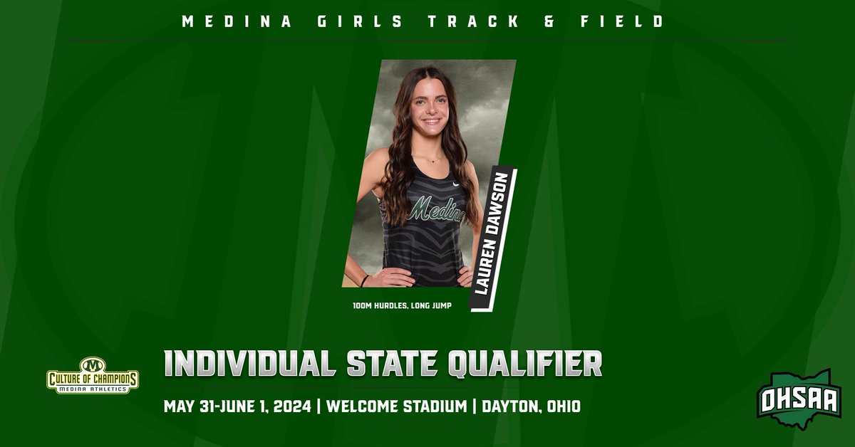 Congratulations to Lauren Dawson (100m hurdles, Long Jump) on qualifying for her 4th straight OHSAA Division I State Meet.  Good luck to Lauren this weekend! <a href="/MedinaGirlsXCTF/">Olson</a> <a href="/MCScomm1/">MCS Communications</a> <a href="/MedinaBoosters/">MedinaBoosters</a> <a href="/MedinaGazette/">The Gazette</a> <a href="/Ohio_GCC/">Greater Cleveland Conference</a> <a href="/OHSAASports/">OHSAA Sports</a>