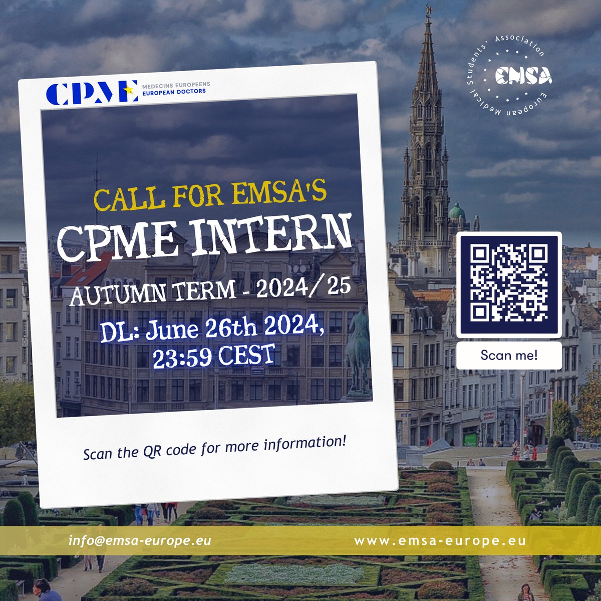 EMSA (@emsa_europe) on Twitter photo Dear EMSA Family,
Call for EMSA’s CPME Intern has been opened!
Don’t miss out on this opportunity to work within the Standing Committee of European Doctors on topics pertaining to European Health Policy!
For more detailed information, please contact vpe@emsa-europe.eu ! Dear EMSA Family,
Call for EMSA’s CPME Intern has been opened!
Don’t miss out on this opportunity to work within the Standing Committee of European Doctors on topics pertaining to European Health Policy!
For more detailed information, please contact vpe@emsa-europe.eu !