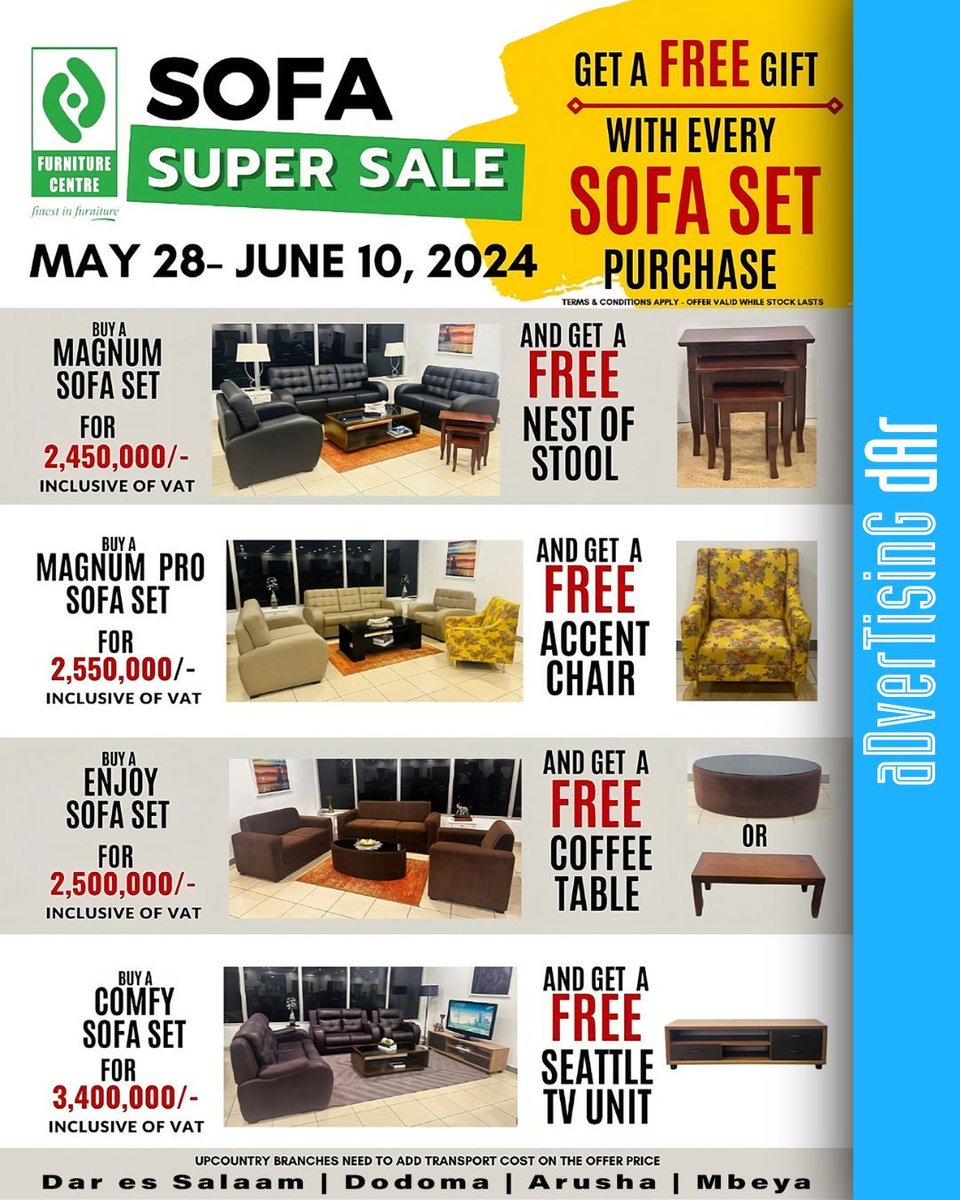 advertisingdar's tweet image. 🚨🔥 𝐒𝐔𝐏𝐄𝐑 𝐒𝐀𝐋𝐄 𝐀𝐋𝐄𝐑𝐓! 🔥🚨 From 𝗠𝗮𝘆 𝟮𝟴𝘁𝗵 𝘁𝗼 𝗝𝘂𝗻𝗲 𝟭𝟬𝘁𝗵, 𝟮𝟬𝟮𝟰 @furniturecentrelimited are 𝗦𝗟𝗔𝗦𝗛𝗜𝗡𝗚 prices and giving away 🛋️🎁 𝗙𝗥𝗘𝗘 𝗚𝗜𝗙𝗧𝗦 with every sofa set purchase! 

#sofasets #bookshelves #filingcabinets