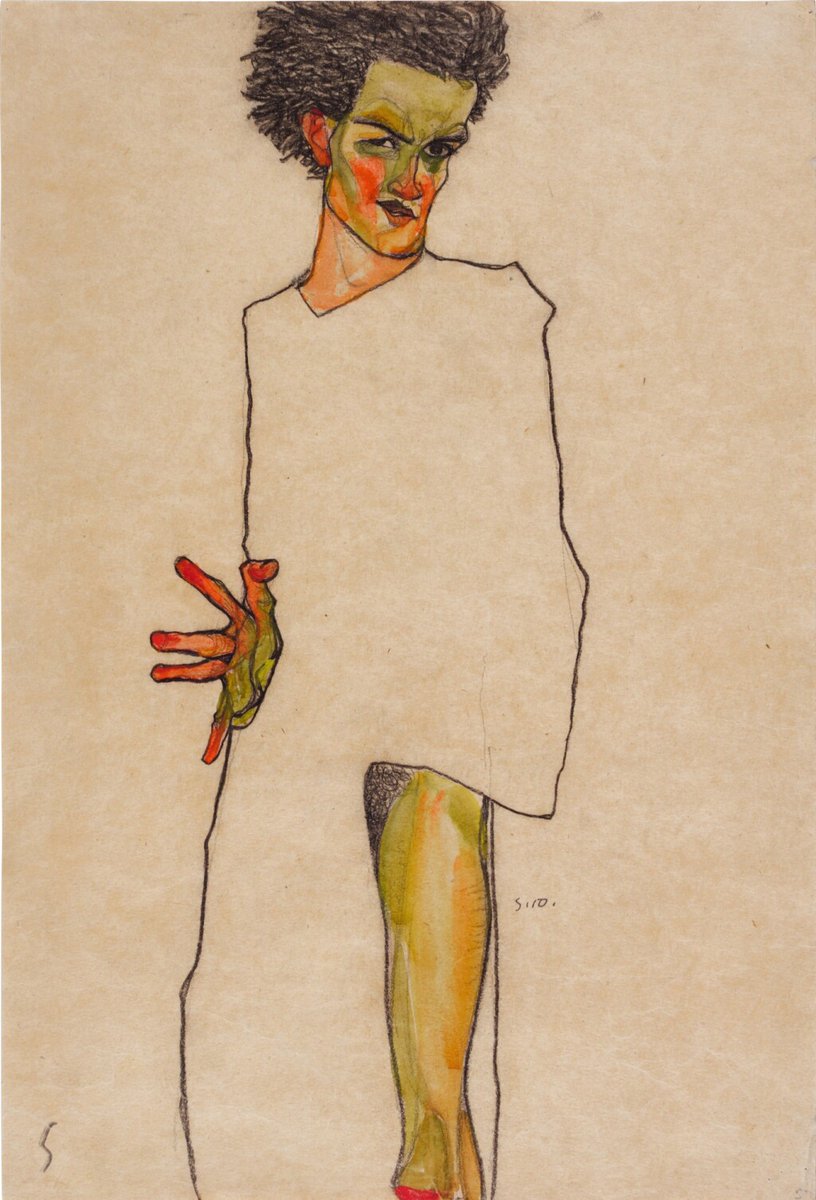 Egon Schiele
Selbstbildnis (Self-portrait)
signed with the initial S. (lower left) and dated 10. (lower right)
watercolor and charcoal on paper
17 ¾ by 12 in. 45.2 by 30.5 cm.
Executed in 1910.