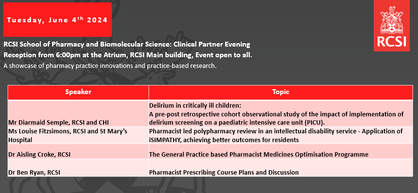 RCSIPharmBioMol's tweet photo. An invitation 📜

On Tues 4 June, we will hold our biannual Clinical Partner evening. This is a fantastic opportunity to discover pharmacy practice innovations &amp; research approaches across our partner network. 

We would be delighted to welcome you to join us @RCSI_Irl from 6pm! https://t.co/6QTXxEbaf9