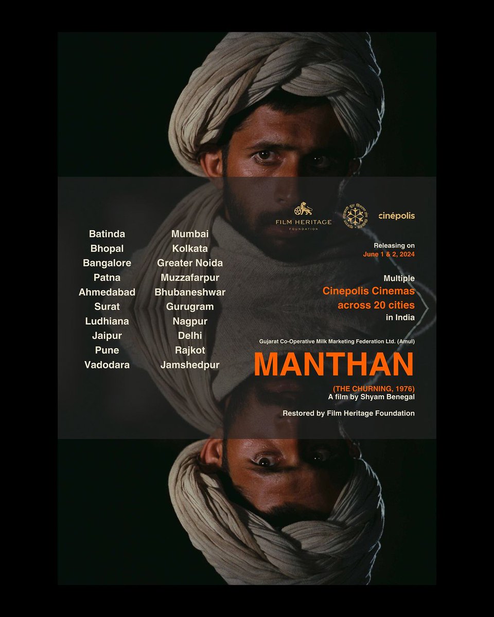 The list of the cities where Cinépolis cinemas will be screening FHF's newly restored Shyam Benegal's landmark film 'Manthan' (1976) across India is here!

Cinépolis India to release the restored 'Manthan' in 50 cities & over 100 cinemas across India on June 1st and 2nd, 2024.