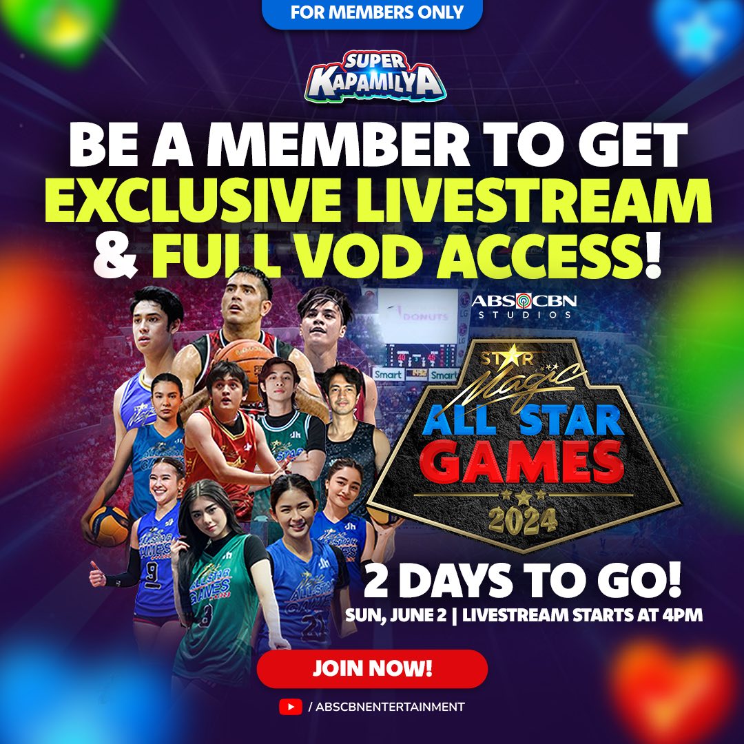 #BGYO | 2 DAYS TO GO: GAME FACE ON! JOIN our #SuperKapamilya YouTube Membership to get EXCLUSIVE access to #StarMagicAllStarGames2024’s LIVESTREAM & FULL VOD on Sunday, June 2! To be a member, just go to bit.ly/SuperKapamilya and click ‘JOIN’!