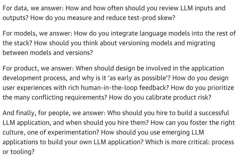 HamelHusain's tweet photo. 📢New: Part 2 (of 3) What We Learned from a Year of Building with LLMs 

https://t.co/RE0OCdSCCy

If you liked Part 1, Part 2 is a banger.  We answer the following:

Some of my favorite takes:

AI Engineering Is NOT All You Need

Look At Your Data

We found that most people are not looking at their data as frequently as they should.  You have to do this if you are serious about improving your AI

Evals Are About Iterating Quickly

Some people think that Evals are an academic exercise.  But it is not!  Evals dramatically increase the speed at which you can ship.  

You can read the full article here: https://t.co/RE0OCdSCCy

You can follow the authors of this paper to hear additional commentary and hear about upcoming Part 3: @eugeneyan @BEBischof  @charles_irl @sh_reya @jxnlco  @HamelHusain