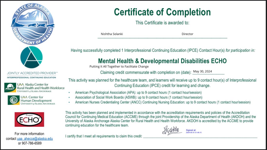 Many Congratulations to Nishtha Solanki for receiving the Certificate of Completion of Mental Health and Developmental Disabilities (MHDD) ECHO.
Thank you @ProjectECHO for providing the platform. 
#team_atikin #mentalhealth #disability #projectecho
Cc: @dinesh_jaisingh @22nishtha