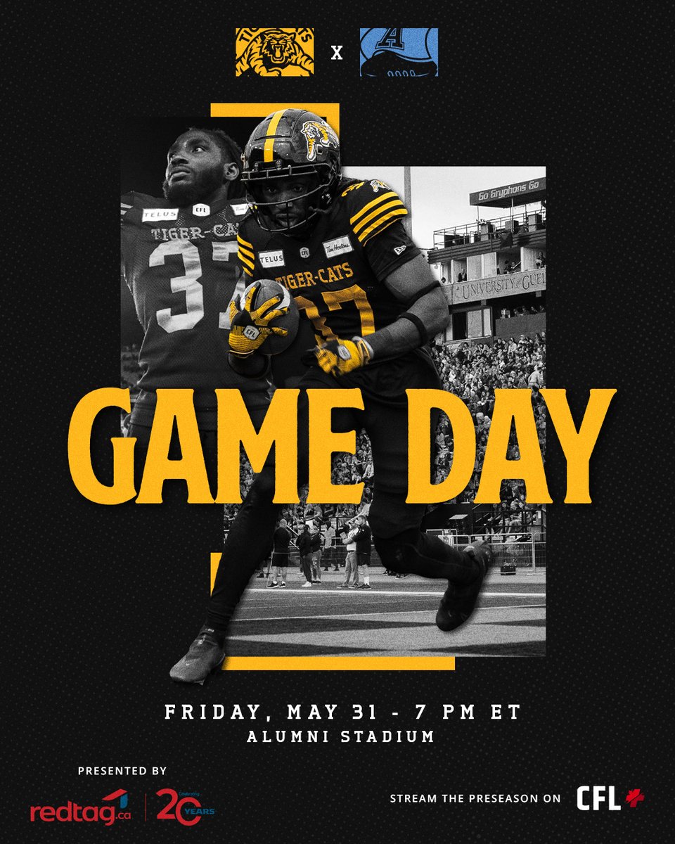 TigerTown takes Guelph 💼

🗓| Today, May 31
🕖| 7:00 PM EST
🆚| @torontoargos
🏟| Alumni Stadium at University of Guelph
📺 | CFL+ 
🎧 | ticats.ca/listen

#TheHammer | @redtagca