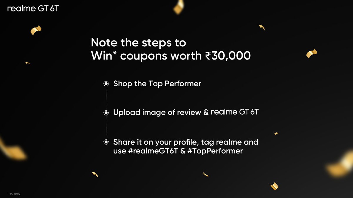 #ContestAlert It’s time to be the #TopPerformer of big wins. 🎉 Shop, experience and add a review of #realmeGT6T to win* coupons worth ₹30,000.