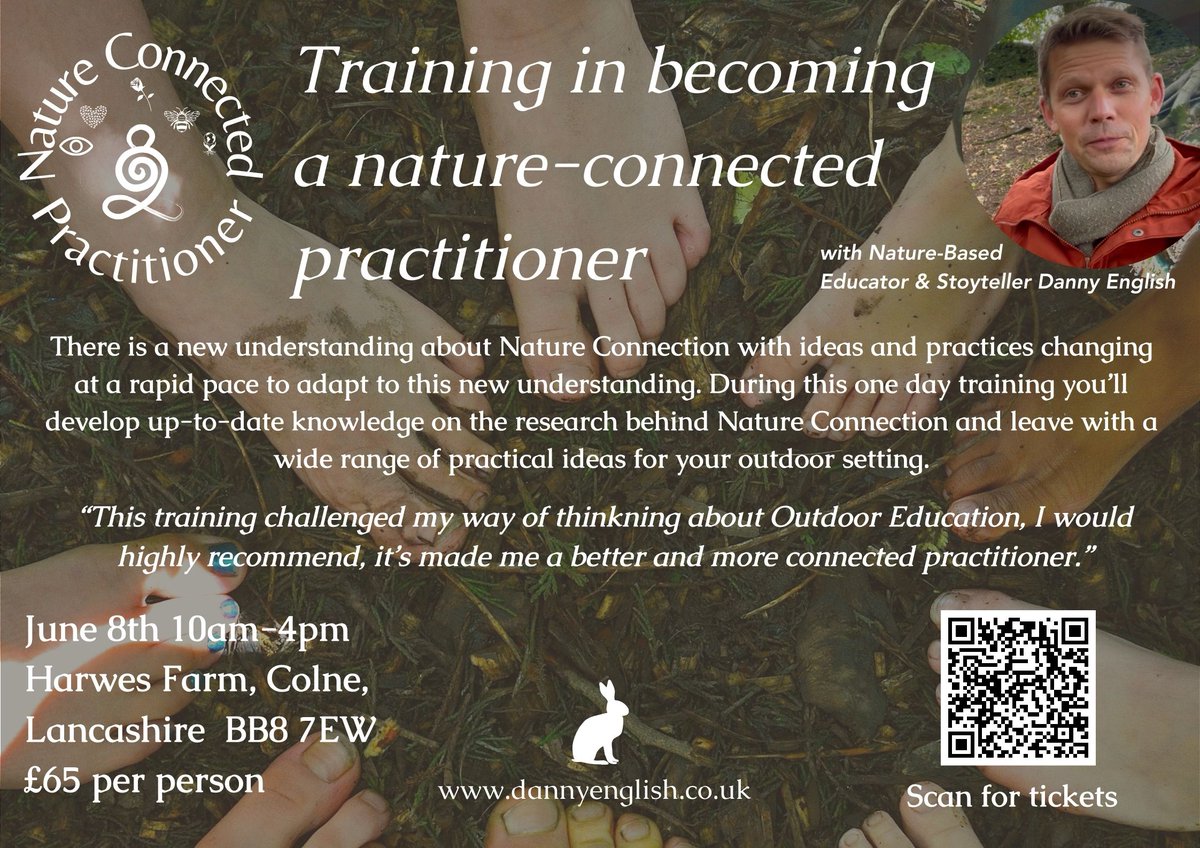 On June 8th I'll be delivering a one day training on 'becoming a nature connected practitioner' at the marvellous @HarwesFarmCIC We have a couple of places remaining and would love for this event to be full. If you'd like to join us please scan the QR code for tickets!