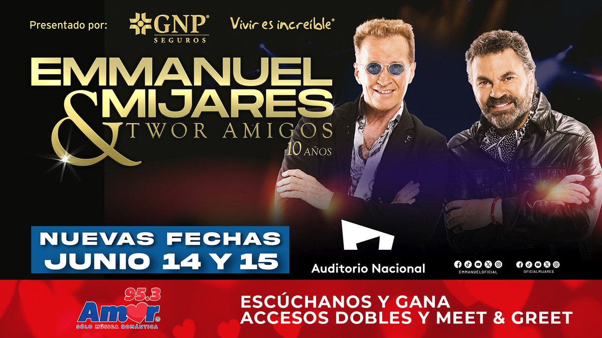 #CDMX 🎶 ¡𝐍𝐮𝐞𝐯𝐚𝐬 𝐟𝐞𝐜𝐡𝐚𝐬 de @EmmanuelOficial y @MijaresOficial! El concierto al que tienes que ir al menos (𝐦𝐮𝐜𝐡𝐚𝐬 𝐯𝐞𝐜𝐞𝐬) en la vida. ¡Es increíble! ❤️ ¡𝐓𝐞 𝐢𝐧𝐯𝐢𝐭𝐚𝐦𝐨𝐬! 🎟️ Participa aquí por tus boletos: ul.ink/123BM