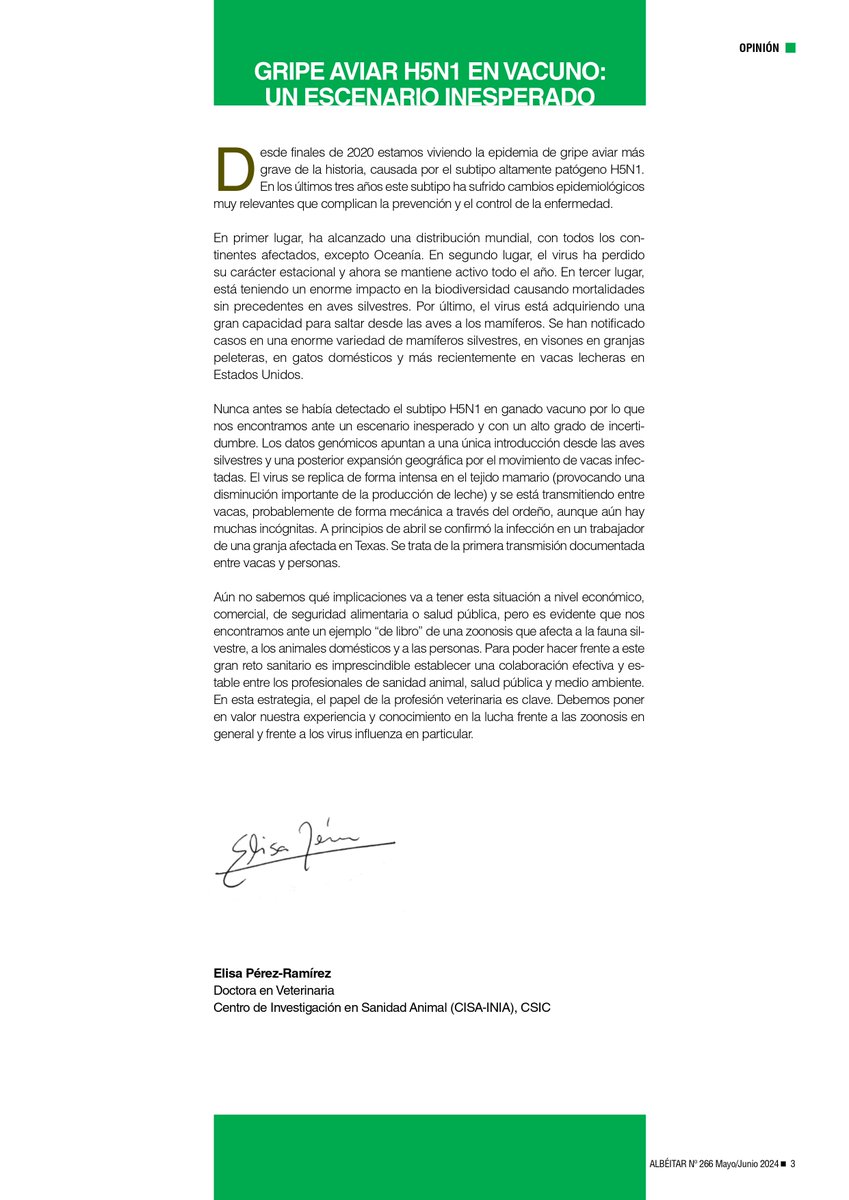 En el último número de @RevistaAlbeitar escribo el editorial 'Gripe aviar en ganado vacuno: un escenario inesperado'. Podéis leer la revista completa aqui: issuu.com/editorialserve… @INIA_es