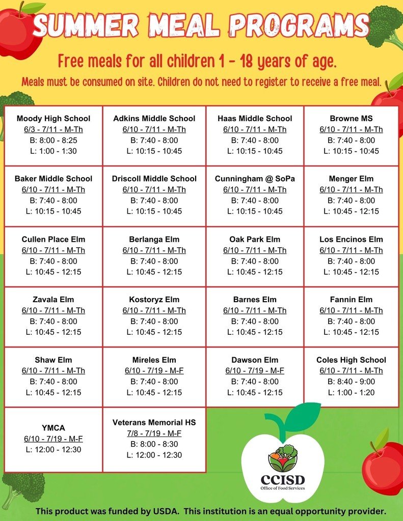 Free summer meals 🍎🥦🍌

CCISD will provide free breakfast and lunch to all children ages 1-18. Please view the summer meals schedule for more information.