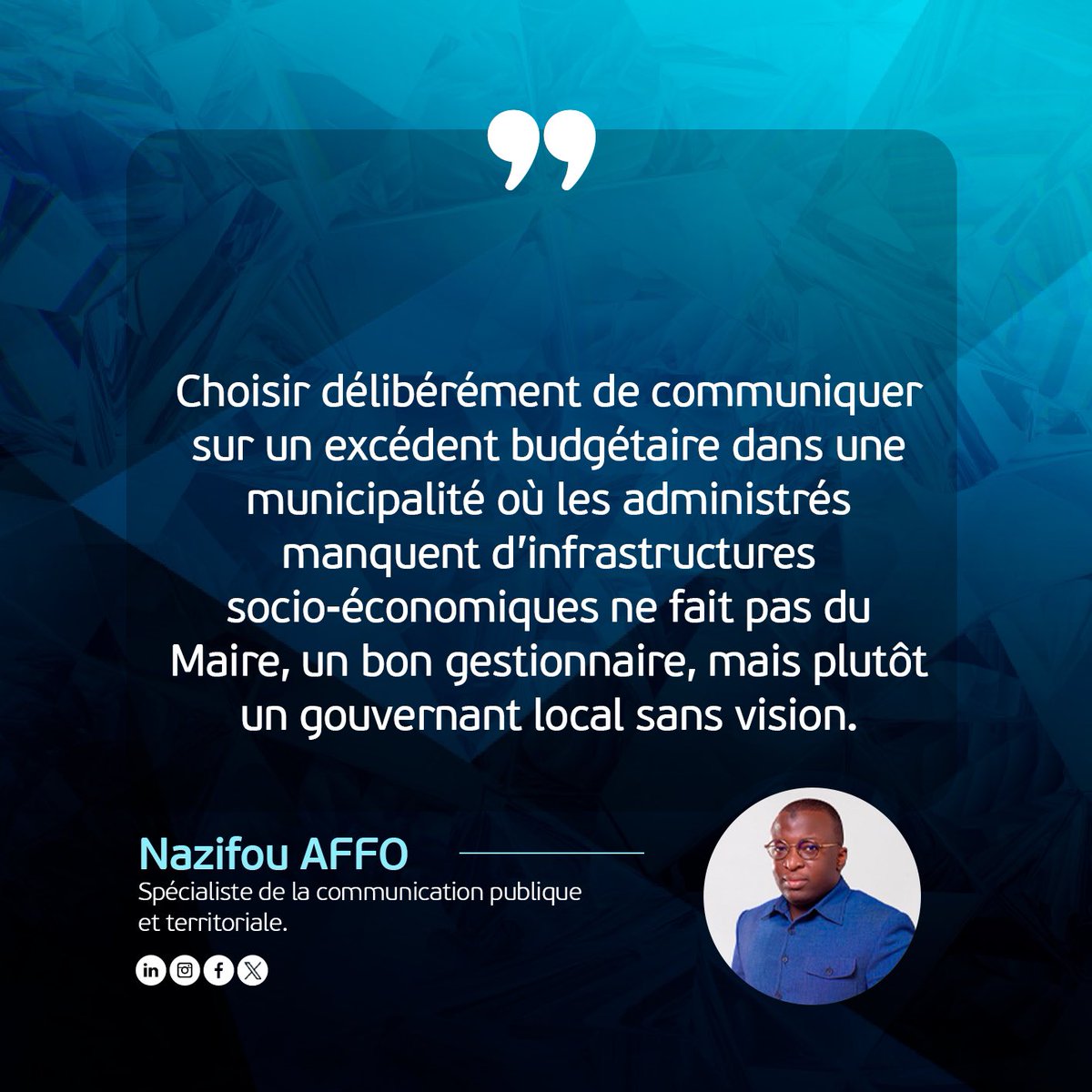 affonazifou's tweet photo. Quand on travaille pour une commune où les administrés n’ont pas facilement accès aux services sociaux de base, communiquer sur un éventuel excédent budgétaire ne fait pas du MAIRE, un bon GESTIONNAIRE mais plutôt un DIRIGEANT sans VISION.
#LaComEstUnMetier #ComTerr #ComPub https://t.co/80X4gpwojX