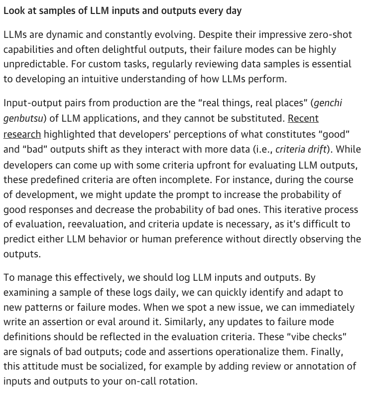 HamelHusain's tweet photo. 📢New: Part 2 (of 3) What We Learned from a Year of Building with LLMs 

https://t.co/RE0OCdSCCy

If you liked Part 1, Part 2 is a banger.  We answer the following:

Some of my favorite takes:

AI Engineering Is NOT All You Need

Look At Your Data

We found that most people are not looking at their data as frequently as they should.  You have to do this if you are serious about improving your AI

Evals Are About Iterating Quickly

Some people think that Evals are an academic exercise.  But it is not!  Evals dramatically increase the speed at which you can ship.  

You can read the full article here: https://t.co/RE0OCdSCCy

You can follow the authors of this paper to hear additional commentary and hear about upcoming Part 3: @eugeneyan @BEBischof  @charles_irl @sh_reya @jxnlco  @HamelHusain