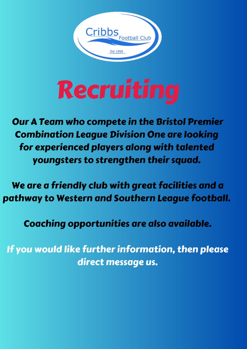 Cribbs Football Club (@cribbsfc) on Twitter photo The A Team Are Recruiting....
If you are looking to join a new club or just starting out on your football journey, our side competing in the <a href="/_BPCL/">uhlsport Bristol Premier Combination</a> are looking to strengthen their squadโฝ๏ธ
#bristolfootball The A Team Are Recruiting....
If you are looking to join a new club or just starting out on your football journey, our side competing in the <a href="/_BPCL/">uhlsport Bristol Premier Combination</a> are looking to strengthen their squadโฝ๏ธ
#bristolfootball