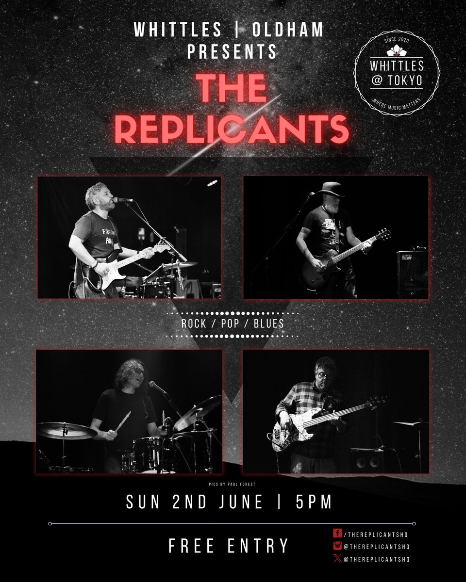 THIS SUNDAY <a href="/TheReplicantsHQ/">The Replicants</a> return <a href="/whittlesoldham/">Whittles Live Venue</a> #whittles #oldham 5pm. Outdoor stage  weather permitting! Join us! <a href="/Oldham_Hour/">Oldham Hour</a>
