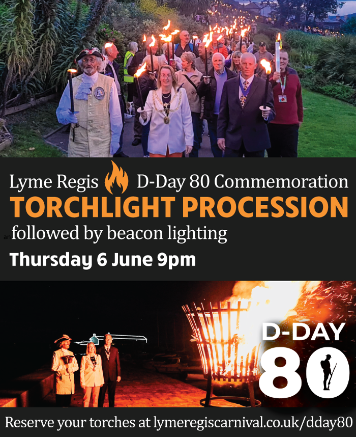 D-Day 80 Torchlight Procession &amp; beacon lighting June 6th 9pm. Honour the brave personnel who risked their lives for freedom and peace. Get your torches at lymeregiscarnival.co.uk/dday80
Starts from the Cobb, Lyme Regis 9pm

#lymeregis #dday80