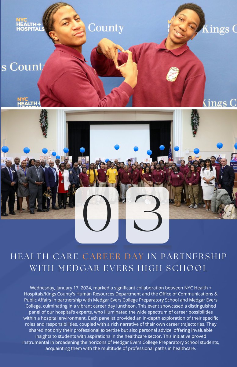 #3 of the #WeAreKingsTopHighlights is the Health Care Career Day in Partnership with Medgar Evers High School. This event showcased a panel of our hospital’s experts, who illuminated the wide spectrum of career possibilities within a hospital environment.