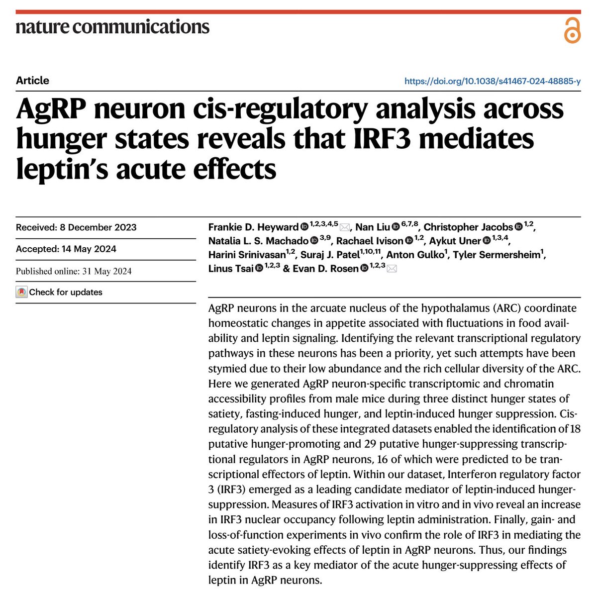 Frankie D Heyward, Ph.D. (@frankiedheyward) on Twitter photo My postdoc work is FINALLY out in <a href="/NatureComm/">NatureCommunity</a>!🙌🏾 AgRP neurons control appetite, but their transcriptional regulation is a mystery. Here, we generated AgRP neuron RNA-seq & ATAC-seq profiles and show that IRF3 mediates leptin’s hunger-suppressing effects
nature.com/articles/s4146… My postdoc work is FINALLY out in <a href="/NatureComm/">NatureCommunity</a>!🙌🏾 AgRP neurons control appetite, but their transcriptional regulation is a mystery. Here, we generated AgRP neuron RNA-seq & ATAC-seq profiles and show that IRF3 mediates leptin’s hunger-suppressing effects
nature.com/articles/s4146…