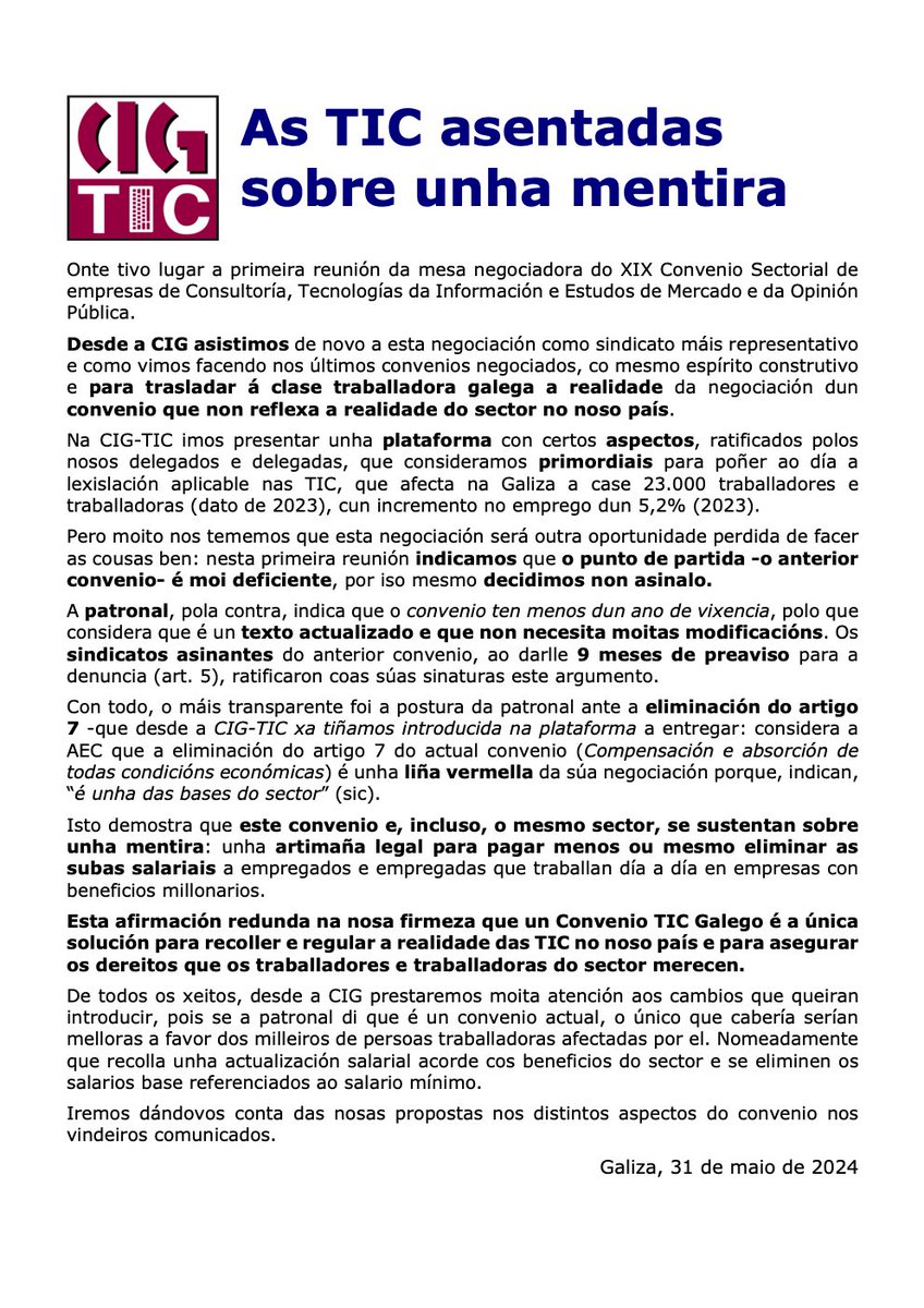 Comunicado da CIG-TIC sobre a primeira reunión da mesa negociadora do XIX convenio de consultorías: "As TIC asentadas sobre unha mentira".