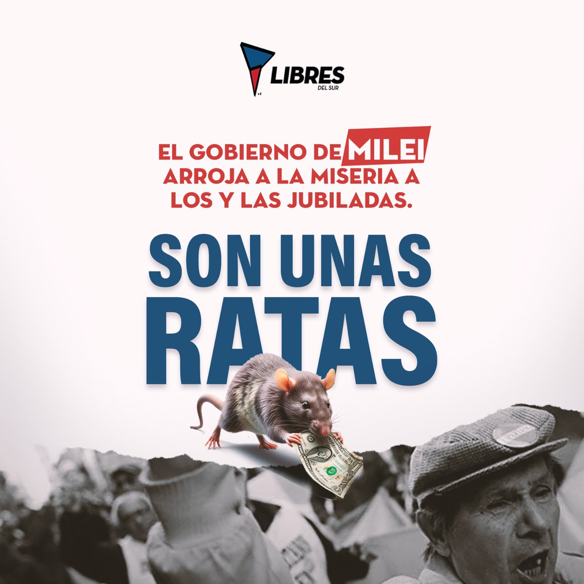 LibresdelSurLdZ's tweet photo. Mientras Milei y Caputo festejan superávit ajustando a los jubilados llevándolos a ser indigentes
los viejos se mueren por tener que elegir si pagar el gas o comprar remedios o comer. 

#NoesunLeonEsunaRATA https://t.co/qqbSYnZPo0