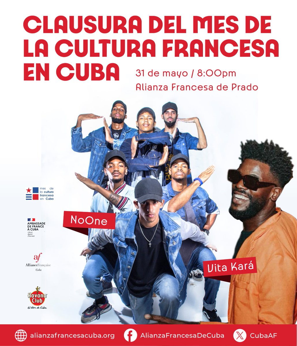 Le bouquet final 🎉
¡Hoy es la gran final del Mes de la Cultura Francesa! Únase a nosotros en el Palacio de Prado para una clausura imperdible con NoOnce, grupo cubano de hip-hop, y el jazz band Vita Kara.
Les esperamos impacientes, 8pm, para concluir con alegría esta 8ª edición.