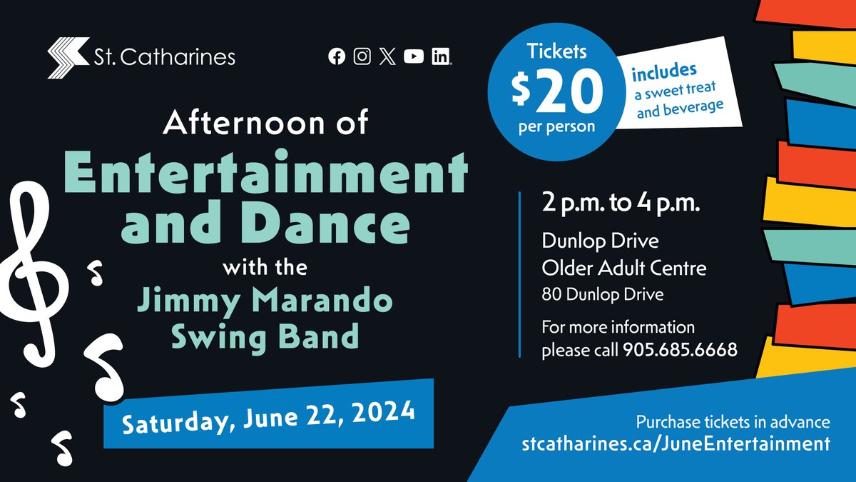 🎶 Afternoon of Entertainment and Dance with the Jimmy Marando Swing Band is set for Saturday, June 22 at the Dunlop Drive Older Adult Centre. 🎟️ Tickets are $20 and are on sale now. stcatharines.ca/JuneEntertainm…
