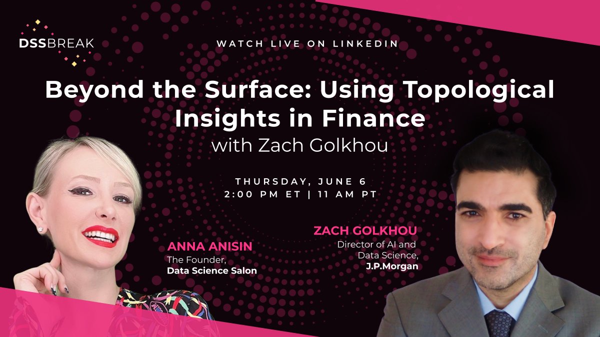 Join Zach Golkhou from @JPMorgan at the next DSS Break to see how Topological Data Analysis is reshaping financial analytics! linkedin.com/events/beyondt… Discover the integration of #TDA with #AI to tackle complex data challenges in #finance #dssnyc