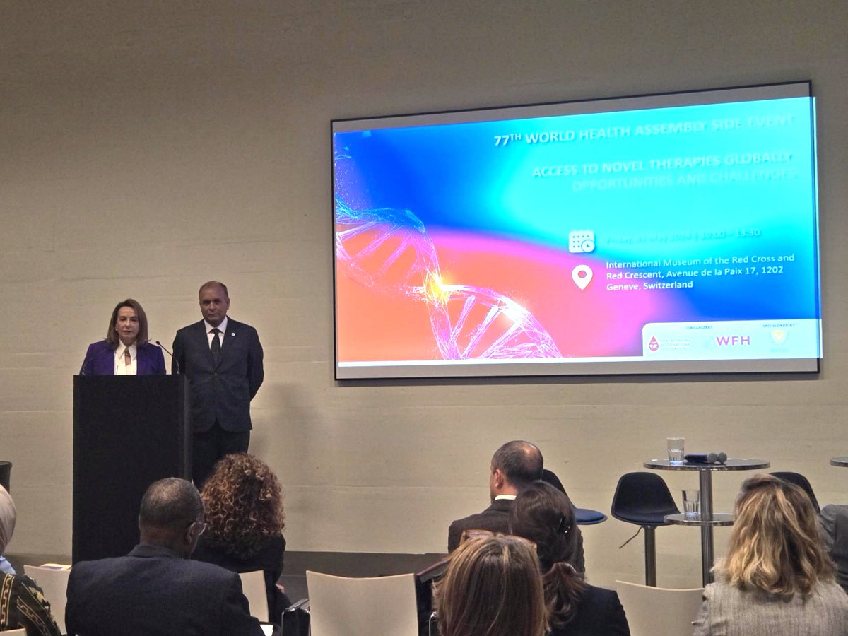 The WFH co-hosted a #77WHA side-event with <a href="/thalassaemiaTIF/">TIF</a>, supported by <a href="/CyprusMinistry/">Ministry of Health Cyprus</a>, to discuss opportunities &amp; challenges on access to novel therapies. After welcome addresses, attendees heard from a multistakeholder panel on identifying ways to increase equitable access.