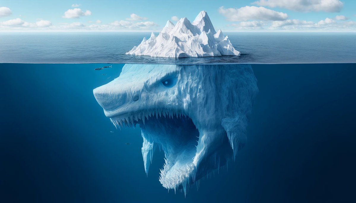 @umesh_ai A highly detailed photorealistic image of a massive iceberg shaped like an aggressive shark. Most of the iceberg is submerged underwater, with only the back fin portion above water looking like an ice mountain in white. The underwater portion shows intricate ice formations and