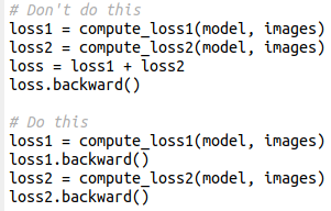 gabriberton's tweet image. This simple pytorch trick will cut in half your GPU memory use / double your batch size (for real). Instead of adding losses and then computing backward, it's better to compute the backward on each loss (which frees the computational graph). Results will be exactly identical
