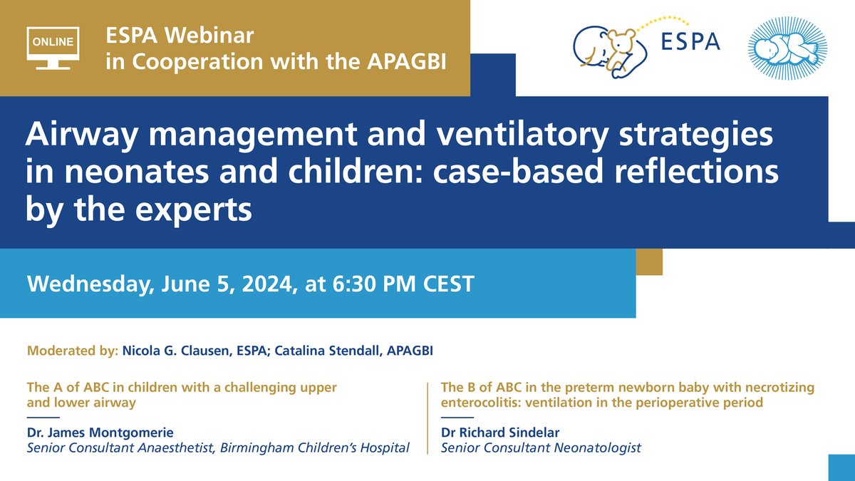 We are very pleased to introduce our speakers for the upcoming webinar -  Dr. Richard Sindelar and Dr. James Montgomerie. 
When: June 5, 20254, at 18:30 CEST
Register now:
zoom.us/webinar/regist…
#espa #apagbi #education #webinar #pediatrics #anesthesiology