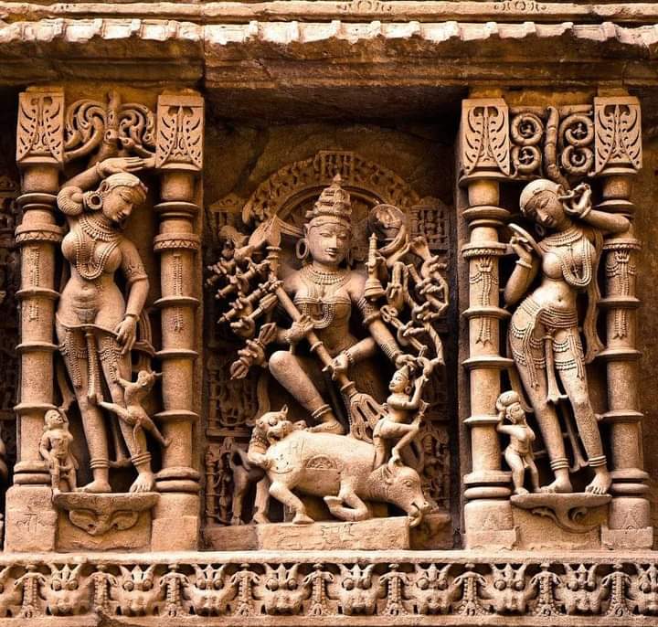 Mahisasurmardini Maa Sculpture carved out on stone wall at Rani ka Vav, Patan