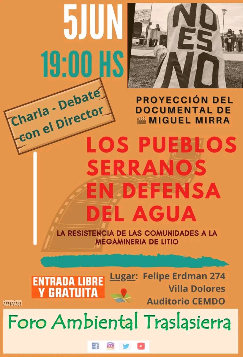 El Foro Ambiental Traslasierra invita a la comunidad a la proyección y posterior charla debate con el director del documental “No es NO”.
#ElAguaNOesUnNegocio
#cuidemosnuestrascuencas
#traslasierra
#Córdoba
#NoALaMegamineria
#noalaminadelitioenlastapias
#rigi
#NoEsNo
#documental