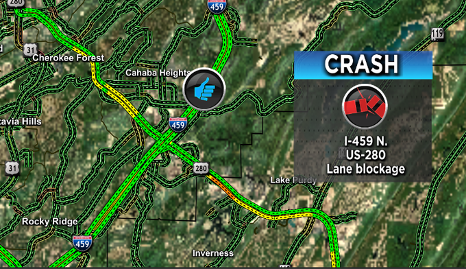 FIRST ALERT: The crash on I-459 N. at US-280 has cleared. @WBRCnews #wbrctraffic