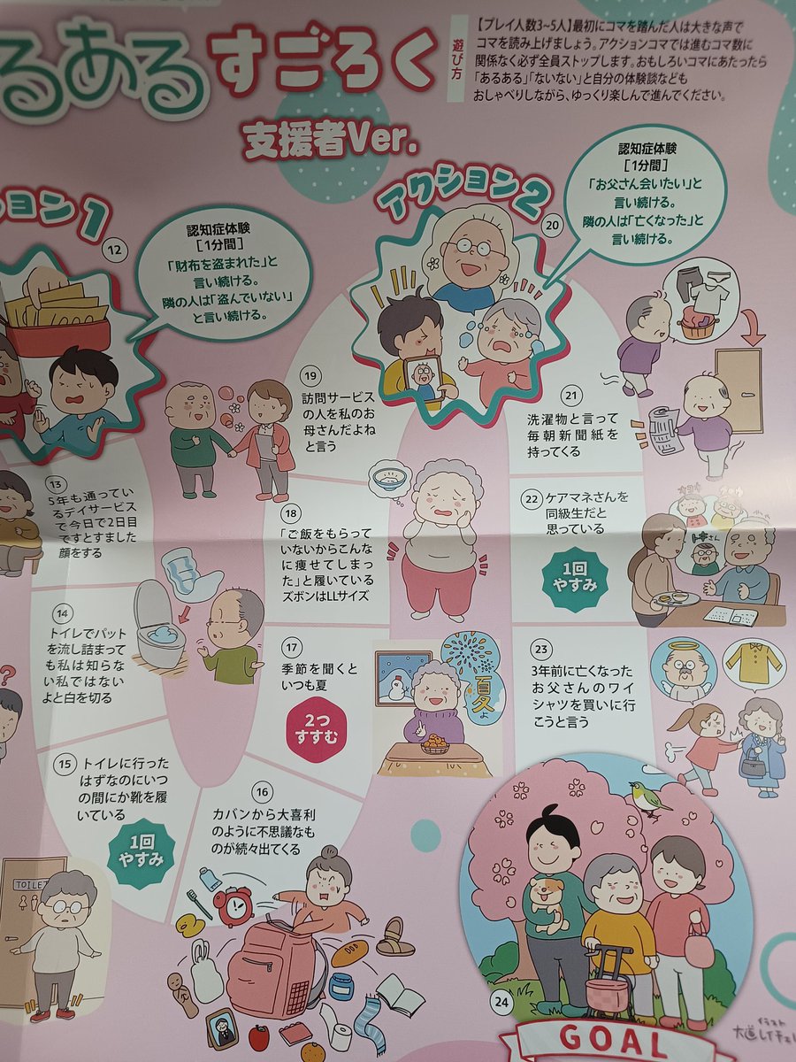 認知症の介護に悩む人達や、サポートする人達が体験を共有して励みにしていく…という、すごろく。あるある〜!!と語り合うだけでも心は軽くなるもの。 