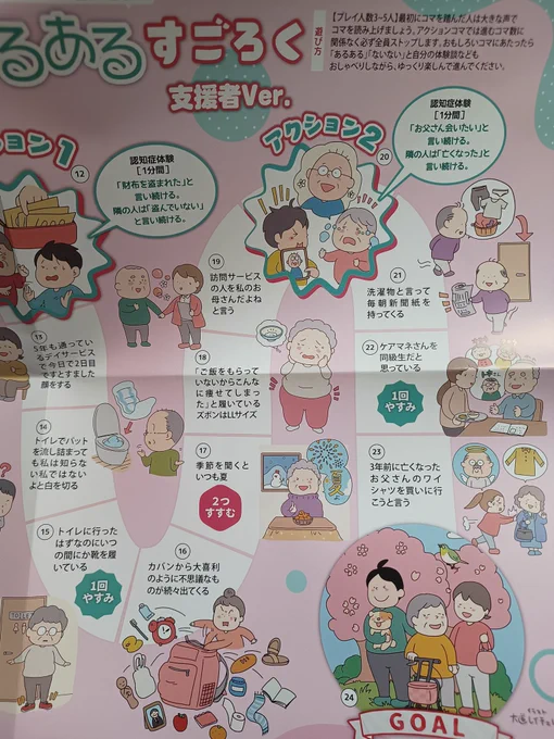 認知症の介護に悩む人達や、サポートする人達が体験を共有して励みにしていく…という、すごろく。あるある〜!!と語り合うだけでも心は軽くなるもの。 