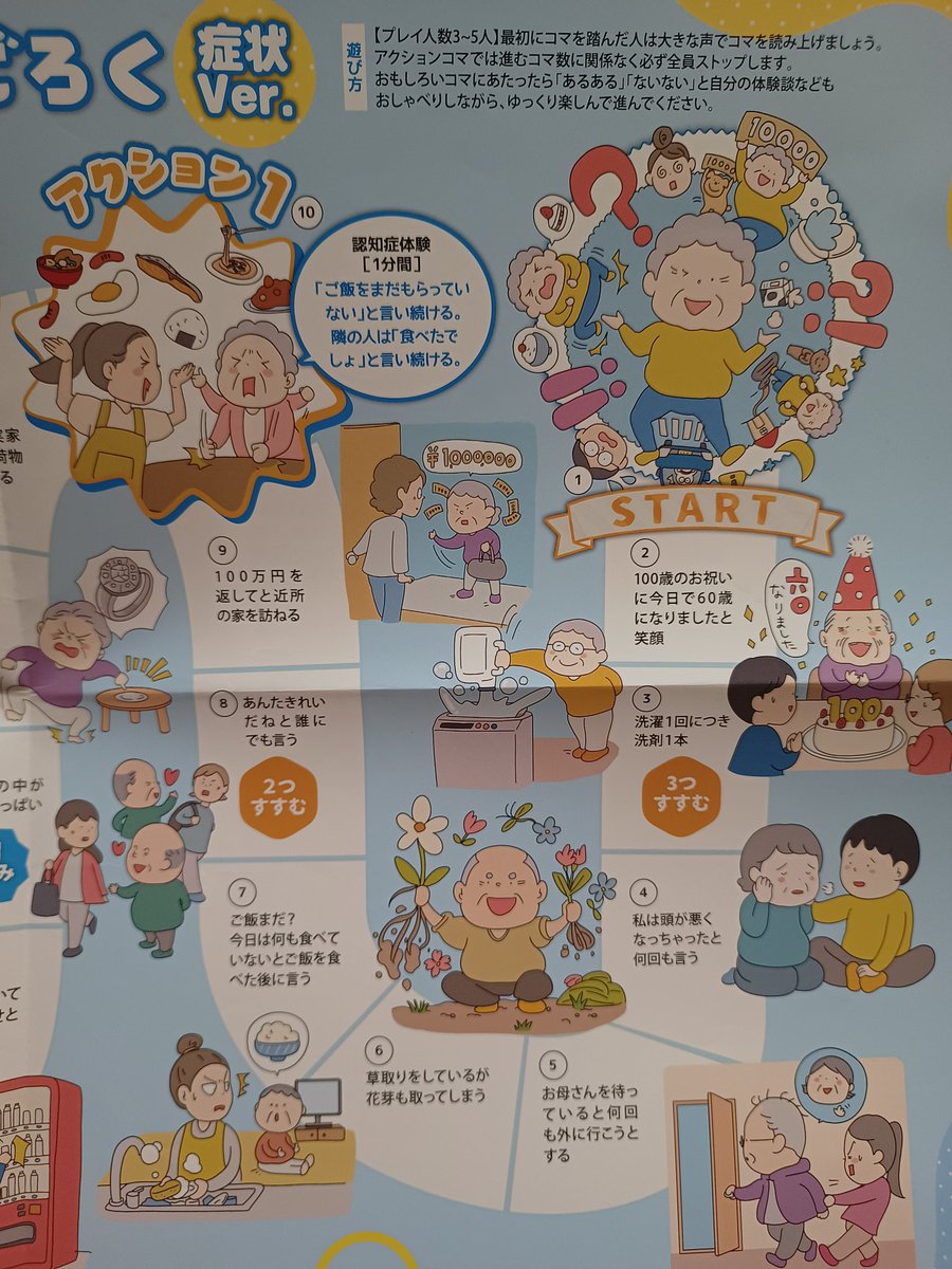 認知症の介護に悩む人達や、サポートする人達が体験を共有して励みにしていく…という、すごろく。あるある〜!!と語り合うだけでも心は軽くなるもの。 