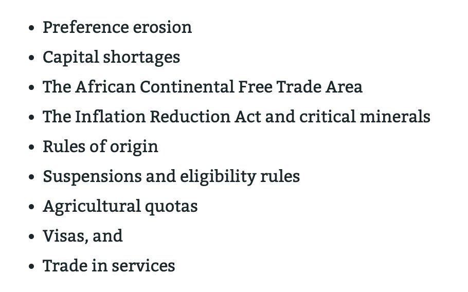 New from me for @CGDev: 9 ideas to improve #AGOA After 25 years, the African Growth and Opportunity Act is up for renewal next year. The China shock stifled its impact. The program limps along. Congress needs to renew it, but also reform it. cgdev.org/blog/nine-idea… 🧵
