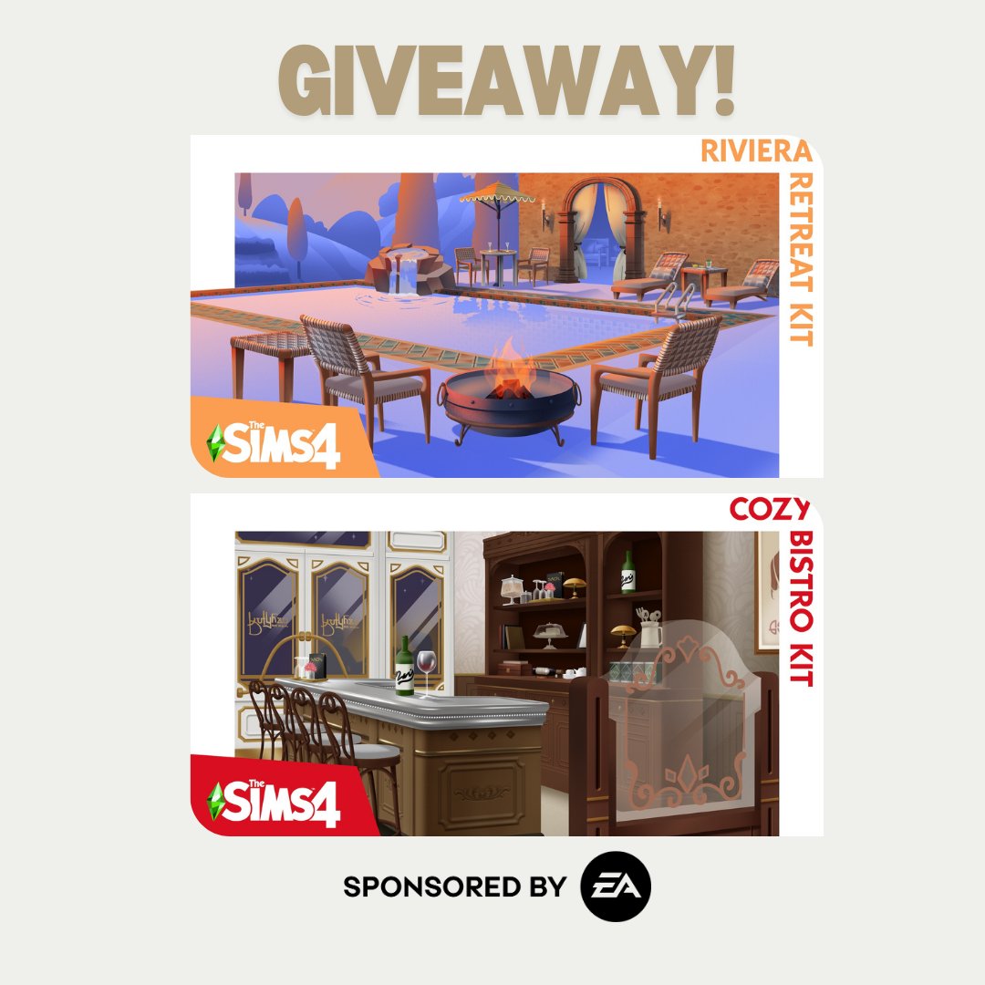 🚨Giveaway time🚨

Thanks to the #EACreatorNetwork I am giving away PC code (EA app) for the new #RivieraRetreatKit and #CozyBistroKit! One winner for each kit. #EAPartner

To Enter:
🍸 Like
🍸 Retweet 
🍸 Comment which kit you want

Ends: June 5th
Keep your DMs open~ #TheSims4