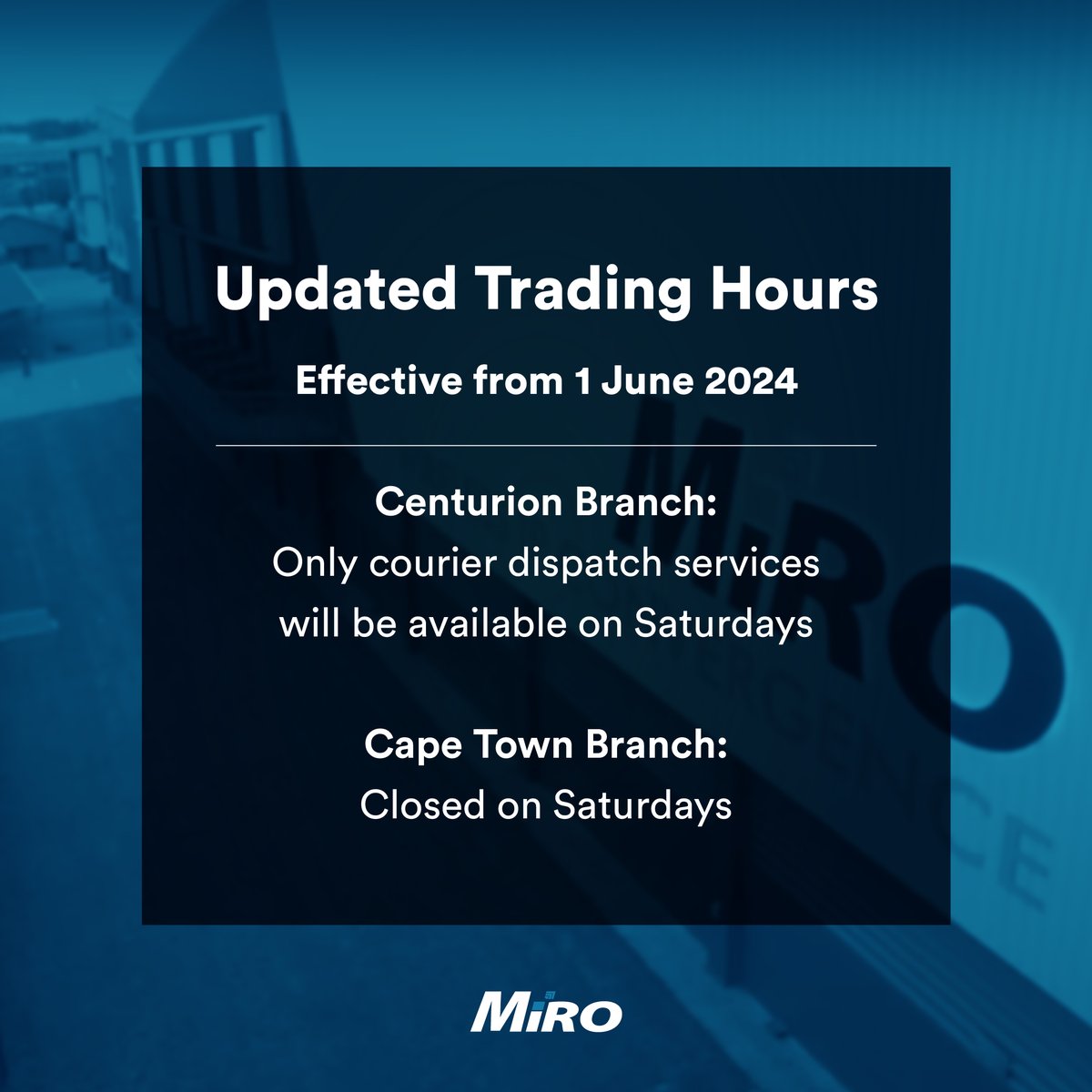 MiroDistributor's tweet image. Please note that our Centurion and Cape Town branches won’t be open on Saturdays anymore, effective from 1 June 2024. 

However, our Centurion branch will be open for collections at courier dispatch only. 📦

Moving forward, customers will have to place their orders online 🛒