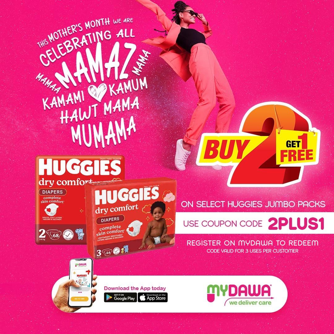 My Dawa is celebrating all Mamas with the biggest Buy 2 Get 1 Free  offer on Huggies Diapers! Visit @MyDawaApp, register & add Buy 2 Get 1 Free Huggies diapers to your cart, use code 2PLUS1 at checkout. Offer ends on 31st May. Delivery countrywide! 
#mydawacelebratingmamas