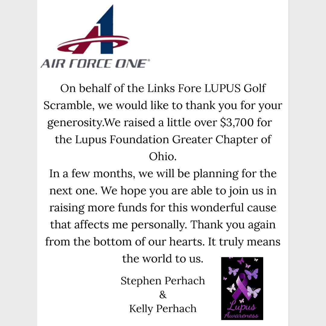 On May 13th, Air Force One proudly supported the Lupus Foundation by sponsoring a hole and lunch at a golf outing hosted by Stephen and Kelly. ⛳

Nancy, in our NE and NC region, volunteered at the event and made a couple of basket and raffle prizes. 

The team led by Dustin  ...