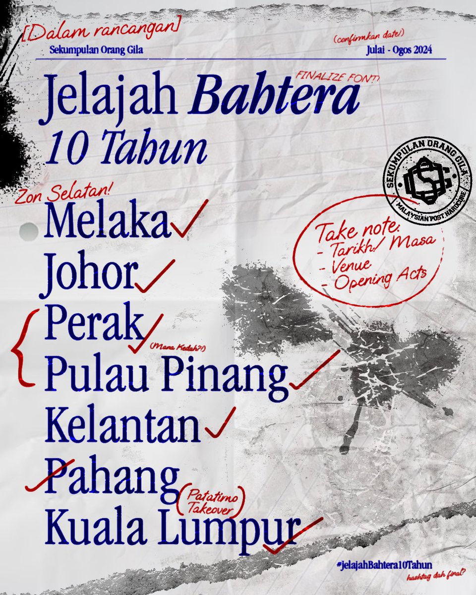 Kenapa SOG buat lagu Hantu balik? Kenapa ada reimagined versi 2024?

Sebab tahun ni album Bahtera punya ulangtahun yang ke-10!

Jadi untuk meraikan tahun ke-10 album Bahtera, SOG dengan kerjasama Hashtag Media akan pusing satu Semenanjung bulan Julai &amp; Ogos ini untuk