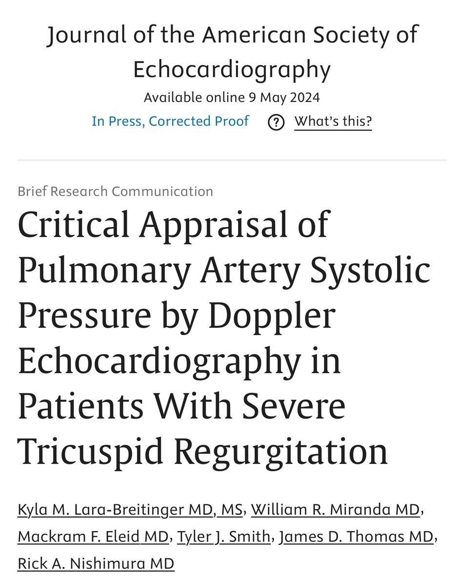 Kyla Lara-Breitinger, MD (@kylalaramd) on Twitter photo For echocardiographers: do u question whether you can use peak #TRvelocity for pulmonary pressure estimation in severe TR? Take a look at our brief research comm <a href="/JournalASEcho/">JASE</a> for insights from <a href="/MayoClinicCV/">Mayo Clinic CV</a> & <a href="/NMCardioVasc/">NM Cardiovascular</a>
<a href="/EleidMack/">Mack Eleid</a> <a href="/JamesDThomasMD1/">James D Thomas, MD</a>
sciencedirect.com/science/articl… For echocardiographers: do u question whether you can use peak #TRvelocity for pulmonary pressure estimation in severe TR? Take a look at our brief research comm <a href="/JournalASEcho/">JASE</a> for insights from <a href="/MayoClinicCV/">Mayo Clinic CV</a> & <a href="/NMCardioVasc/">NM Cardiovascular</a>
<a href="/EleidMack/">Mack Eleid</a> <a href="/JamesDThomasMD1/">James D Thomas, MD</a>
sciencedirect.com/science/articl…