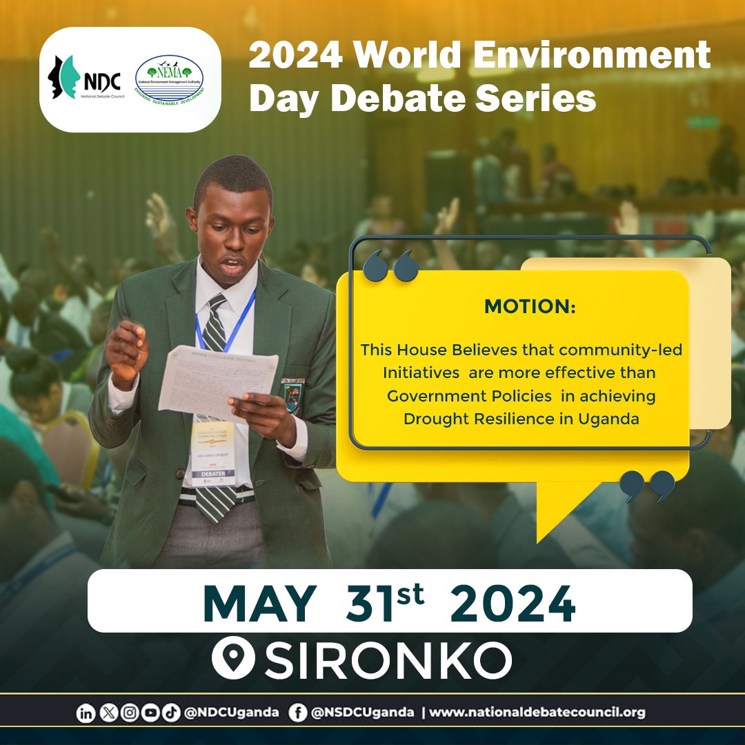 NDCUganda's tweet photo. Final: 2024 #WorldEnvironmentDay Debate Series:  

🏫 Sironko High School 
#Versus 
🏫Sebei College Tegeres

🗓️ Today, May 31st 
📍Sironko District

#WED2024 #DebateSeries 
CC: @nemaug @Caritas_Ug @UNEP
Motion... https://t.co/qXDqboyuTn