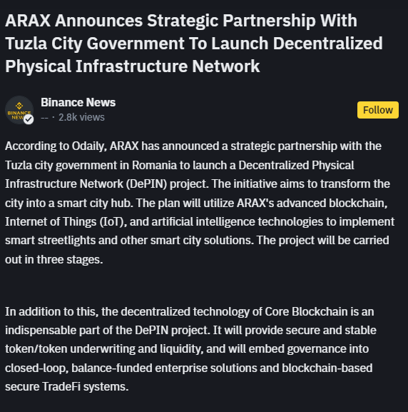 AraxCorp's tweet photo. 🟡Binance News
ARAX Announces Strategic Partnership With Tuzla City Government To Launch Decentralized Physical Infrastructure Network @CoreCoinCC
📍https://t.co/teHs1tjZPL https://t.co/2kC6Un9ZW5